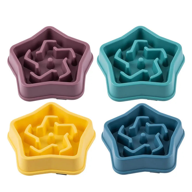 Yellow plastic dog slow feeding bowl with rough bottom pattern, 20.1cm diameter, isolated on white background