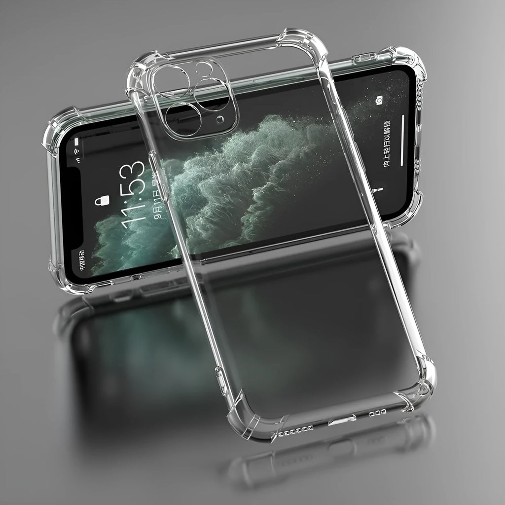 Clear transparent TPU shockproof iPhone case shown on a phone, compatible with models 6 to 13 Pro Max.
