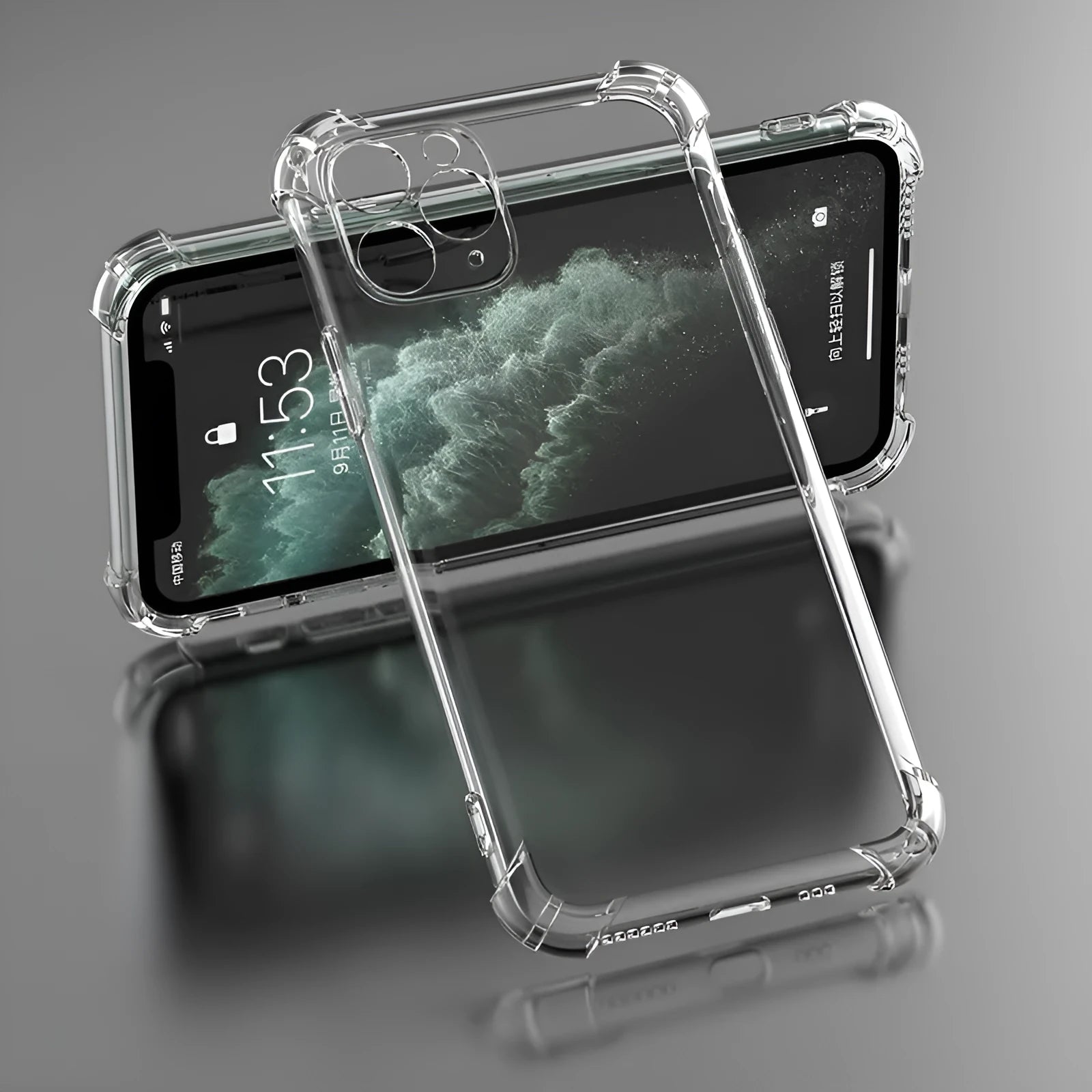 Clear transparent TPU shockproof iPhone case shown on a phone, compatible with models 6 to 13 Pro Max.