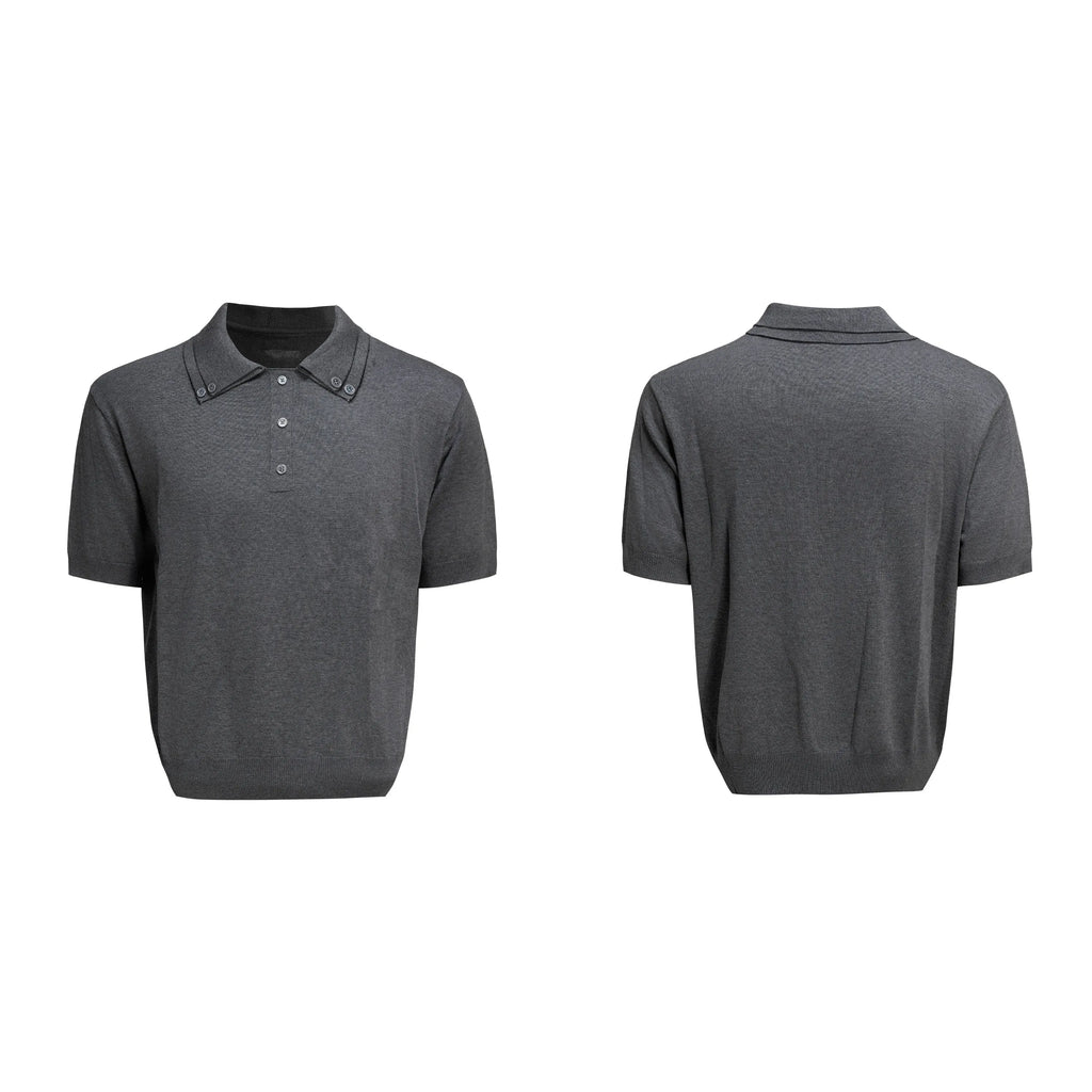 Men's black short sleeve knit shirt with a double collar lapel design and slim loose fit