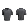 Men's black short sleeve knit shirt with a double collar lapel design and slim loose fit