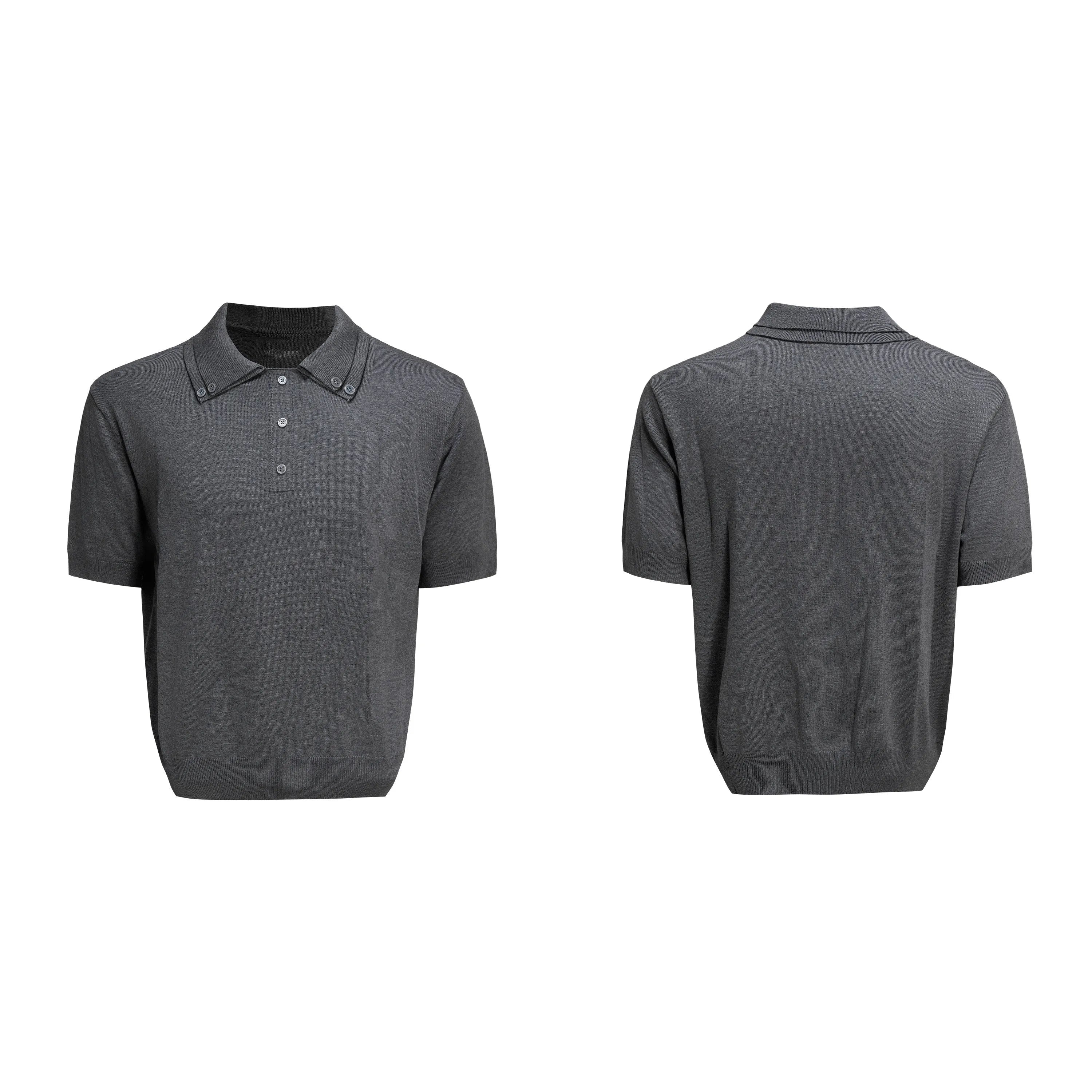 Men's black short sleeve knit shirt with a double collar lapel design and slim loose fit