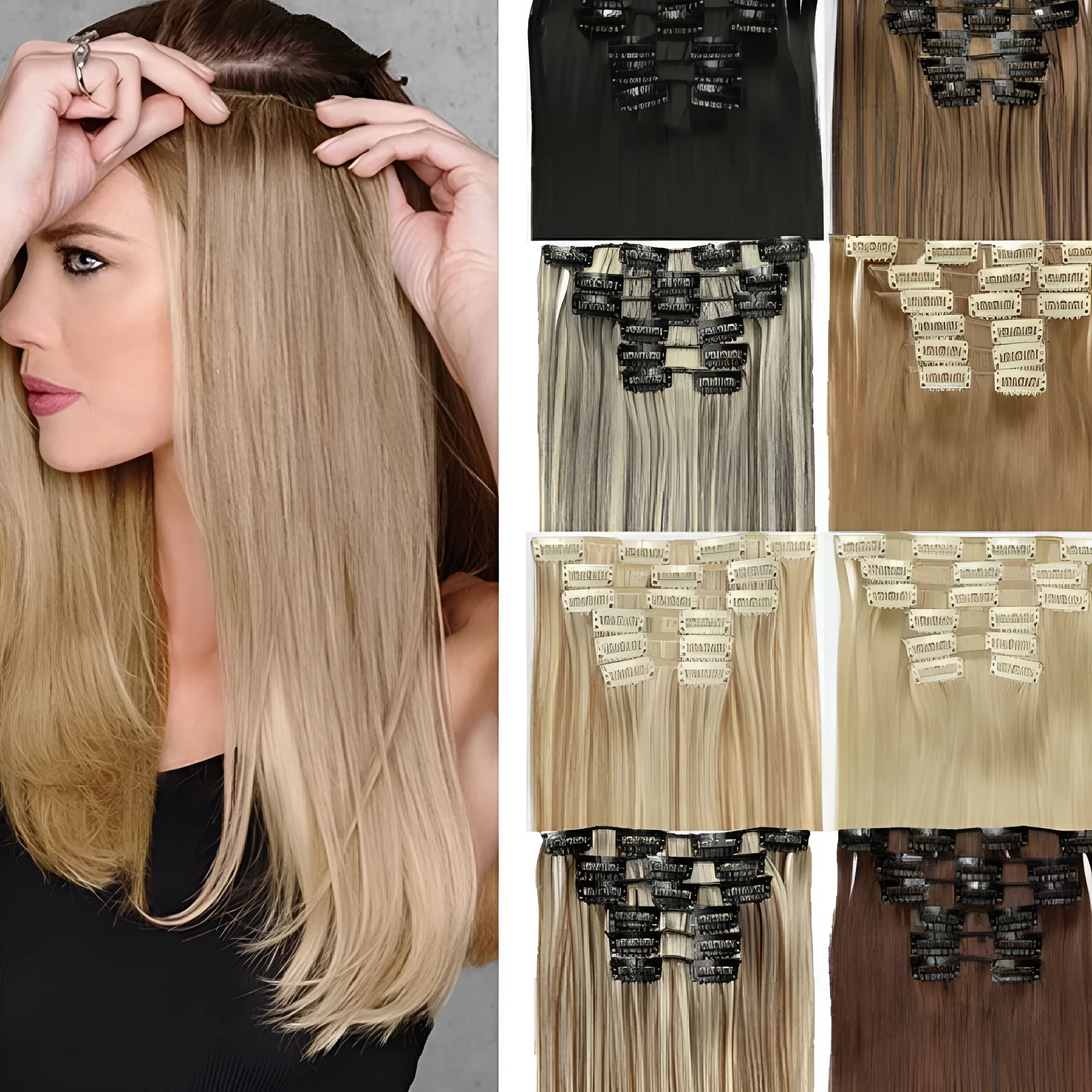 Long straight high temperature fibre wig extensions 6-piece set 60cm length colour 1B