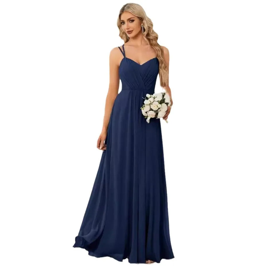 Women's sleeveless long banquet dress with pleated A-line skirt in light green, wine red, navy blue, or purple.