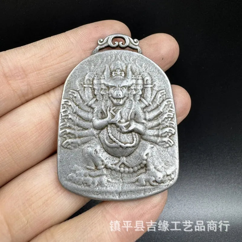Chinese-style iron geometric pendant with protective deity motif hanging ornament