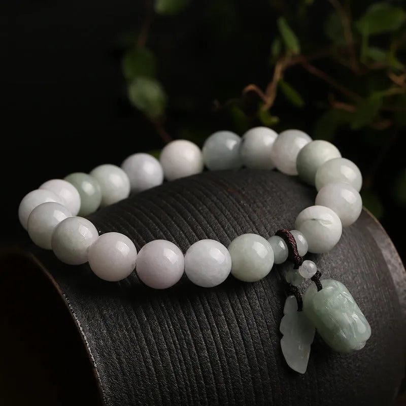 Natural emerald jade hanging bracelet with geometric shapes and Maitreya Buddha elements