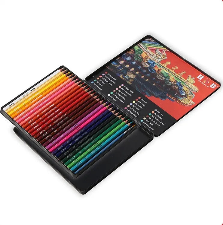 Water-soluble coloured pencil set with 24 colours in iron storage box showing pencil dimensions