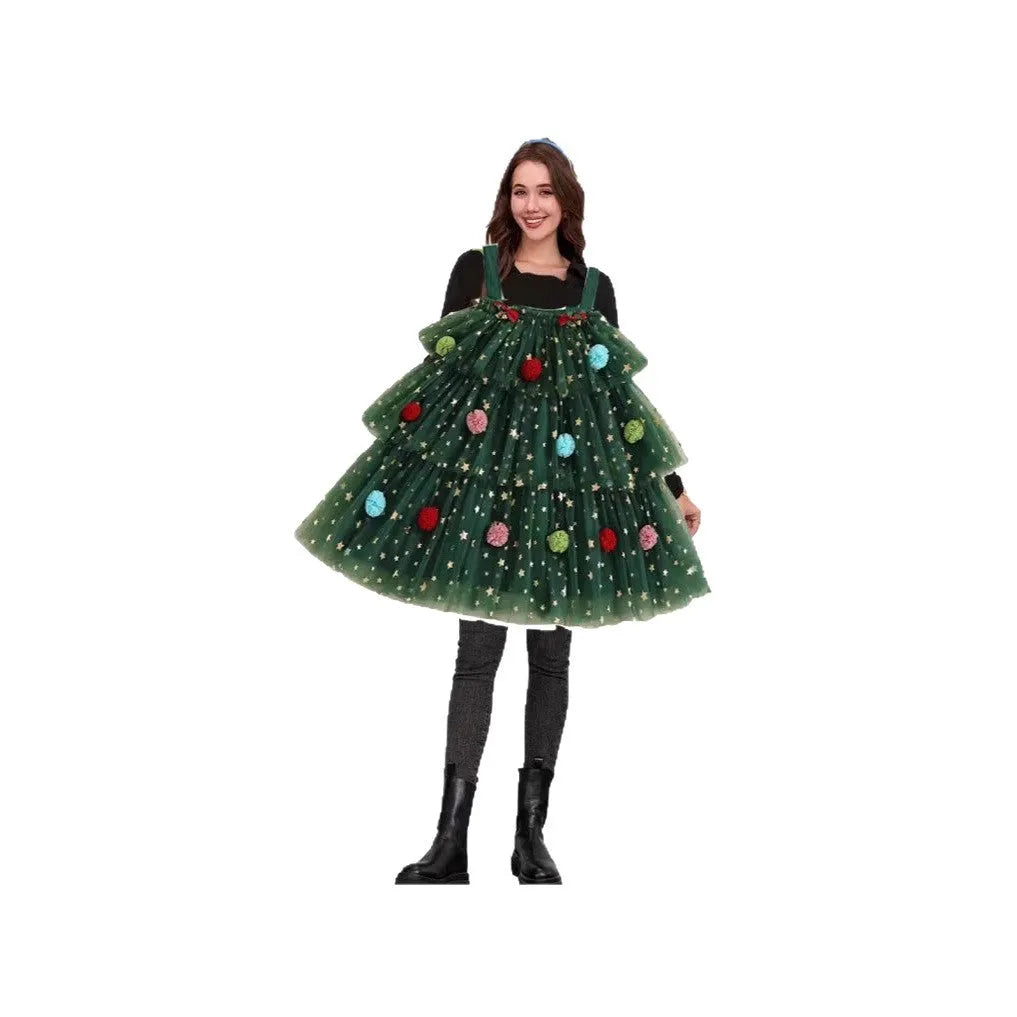 Green mesh polka dot dress with Christmas tree pattern and tiered suspender skirt