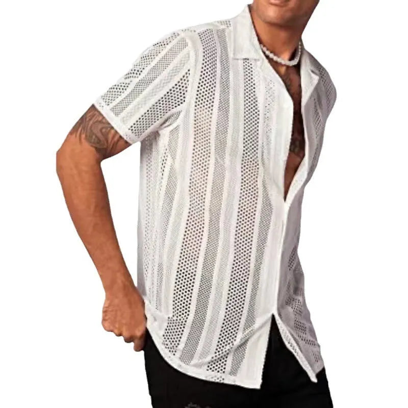 Men's black knitted short-sleeved button shirt with street fashion style and regular fit