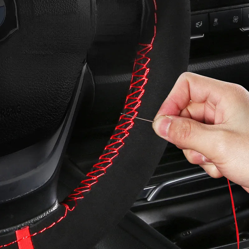 Suede microfiber steering wheel cover with black stitching, fitted on a car steering wheel, 38cm diameter