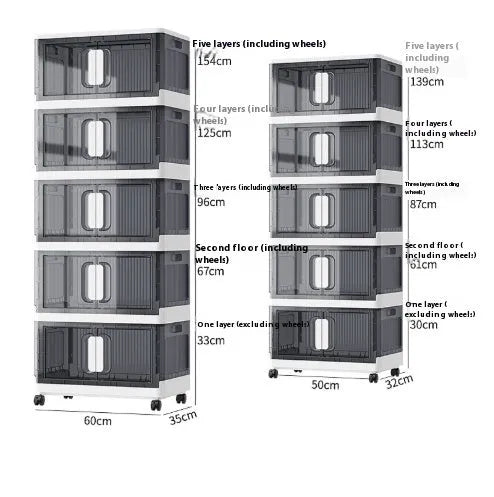 Foldable white storage locker with wheels showing multiple tiers for household organisation