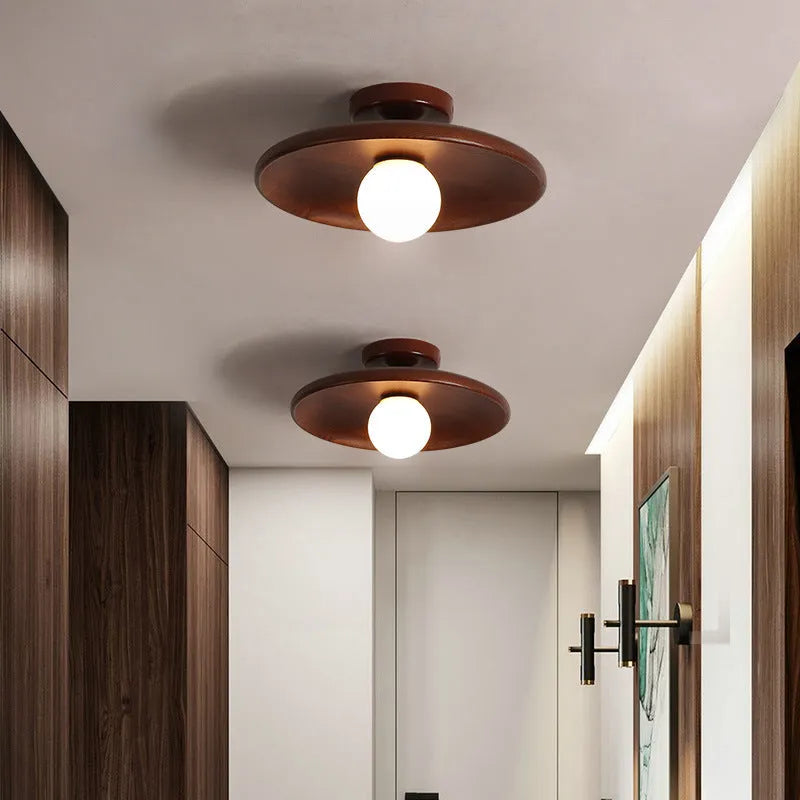 Solid wood and glass modern minimalist ceiling lamp shown in wood and walnut colours