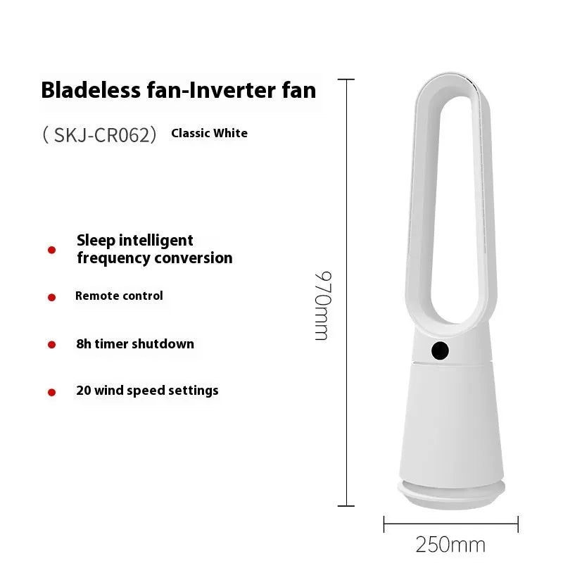 White bladeless tower floor fan with remote control on a stand.