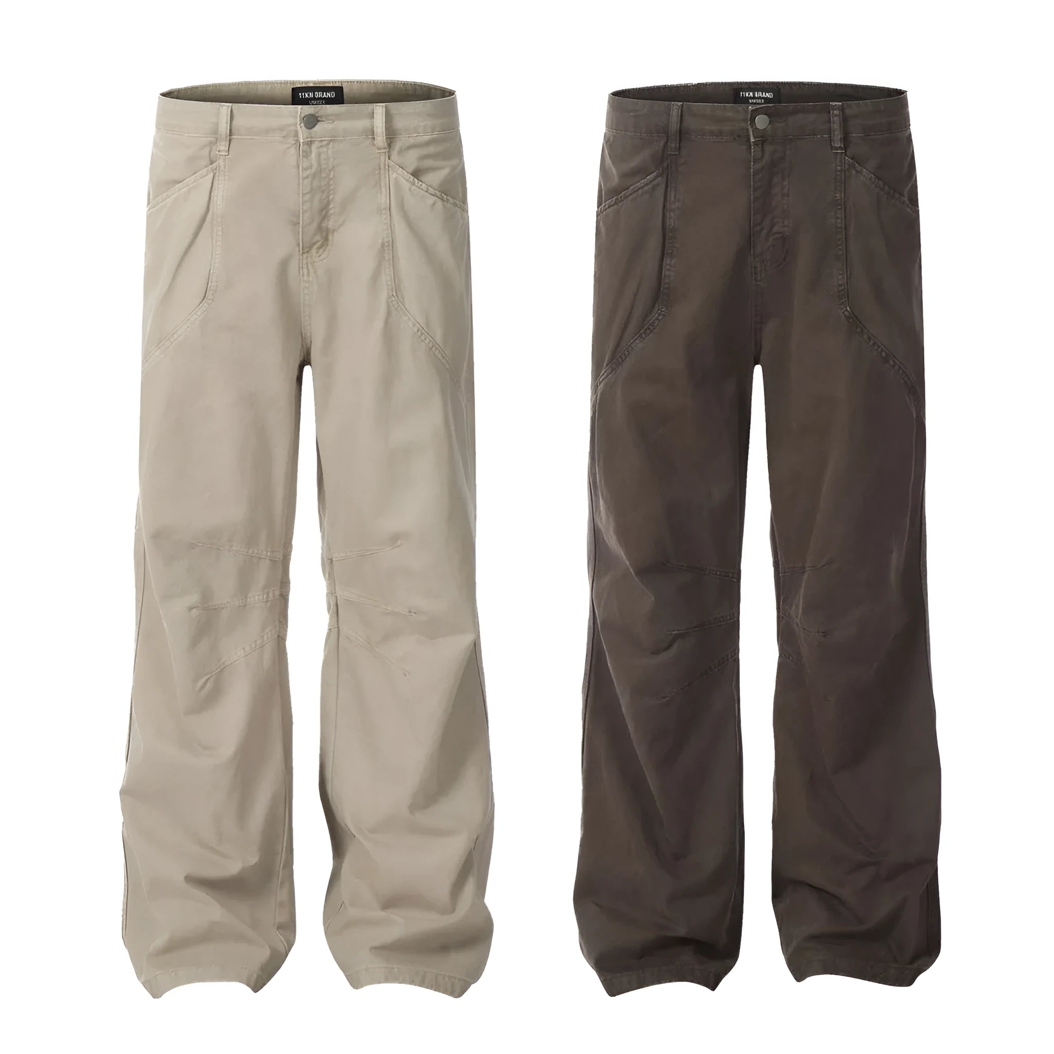 Men's loose straight-leg cotton trousers in brown colour with a high waist and wide leg opening.