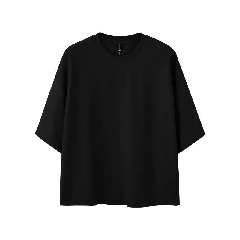 Men's sand grey loose-fit short sleeve t-shirt on a hanger.