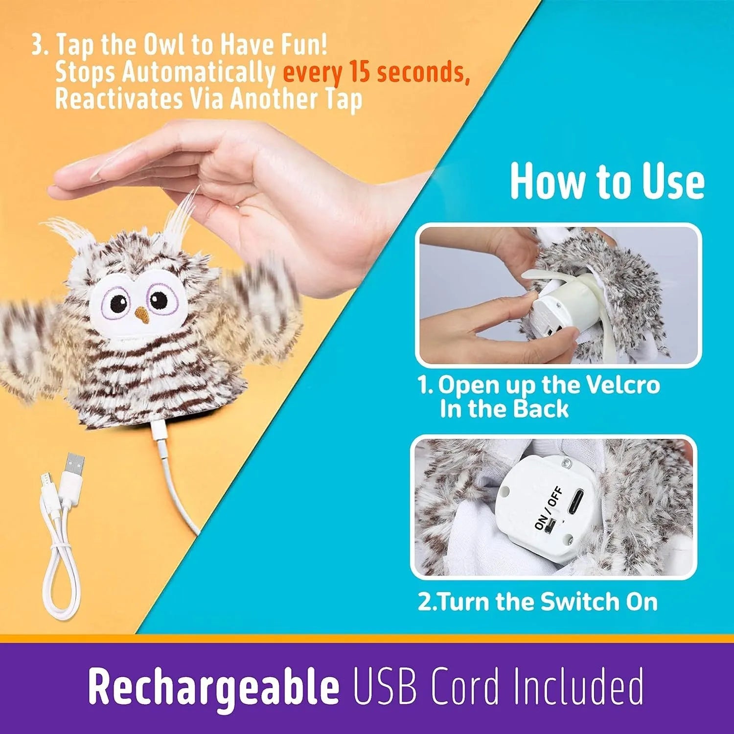 Grey owl-shaped automatic cat toy with flapping wings measuring 10×14 cm