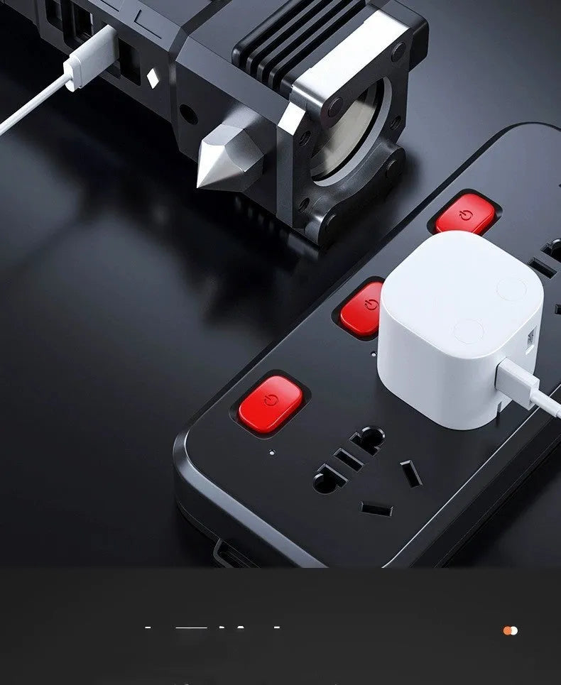 Silver plastic portable LED flashlight with integrated USB power bank charging port.