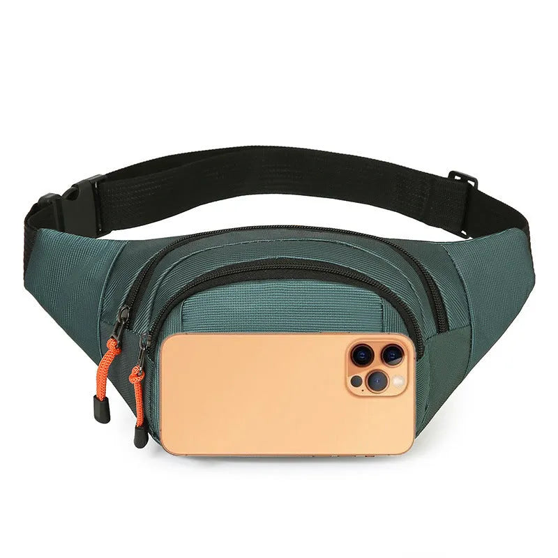 Large capacity waterproof nylon slanted chest bag in black, gray, blue, and green colours for travel and hiking