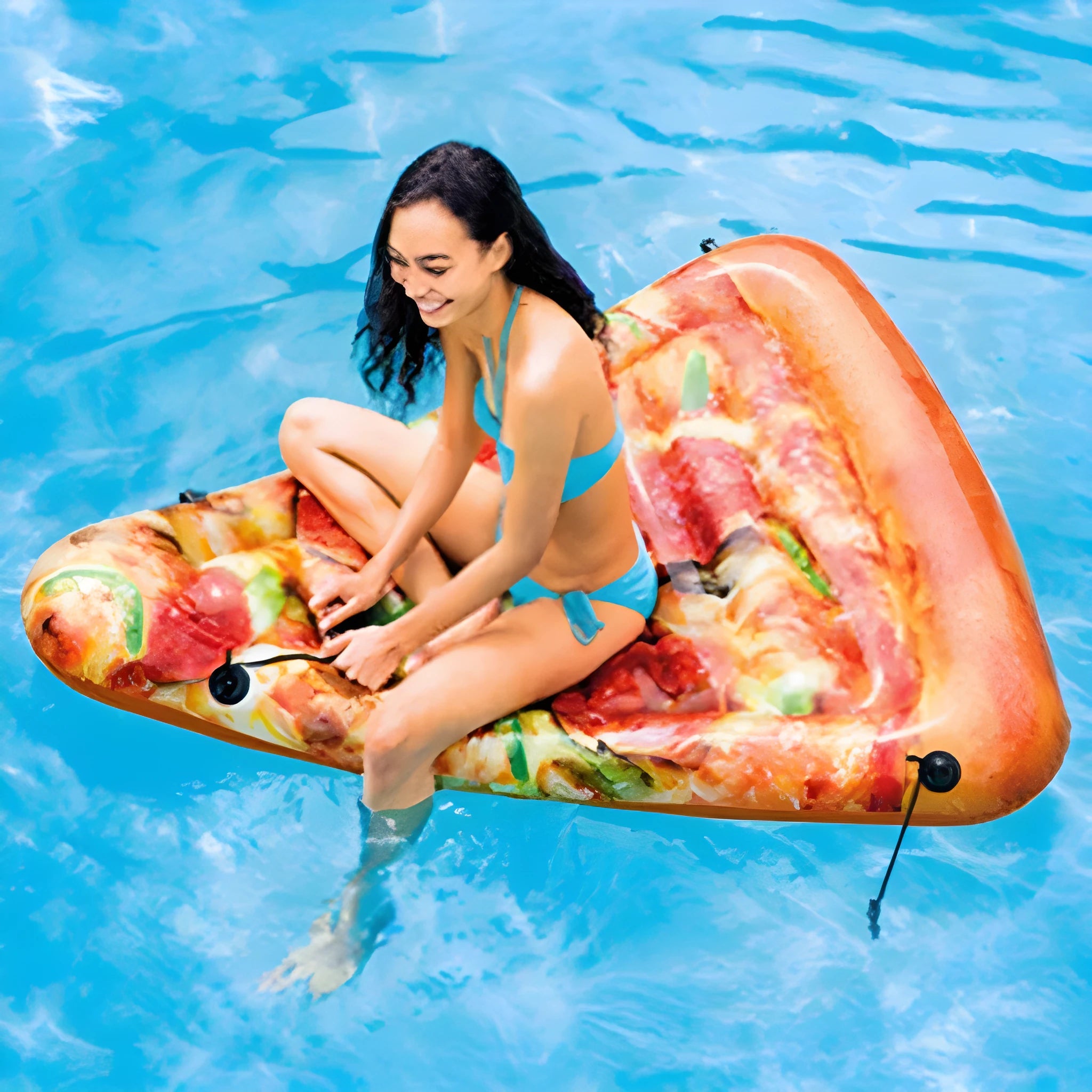 Colourful pizza inflatable surfboard recliner floating in pool