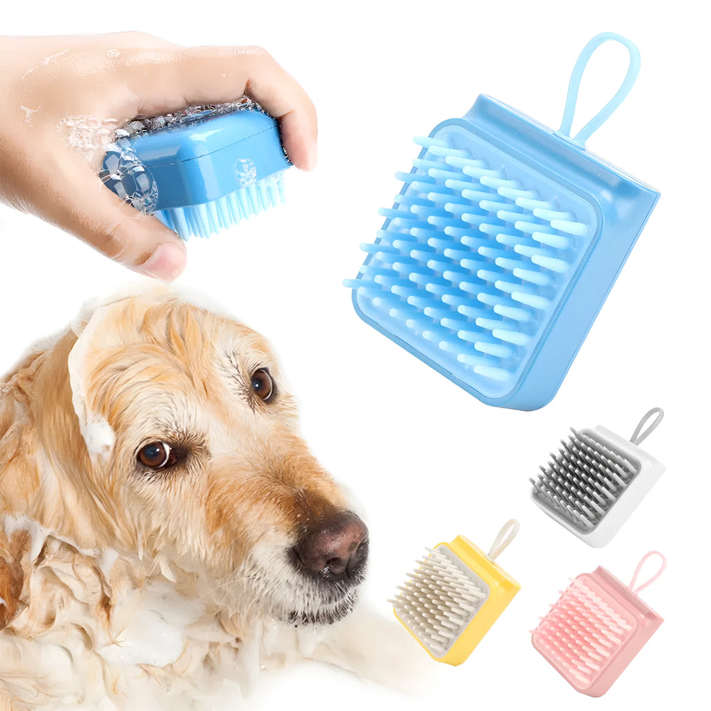 Pet dog cat bath brush with soft TPR prongs in blue colour, ergonomic design for wet and dry grooming