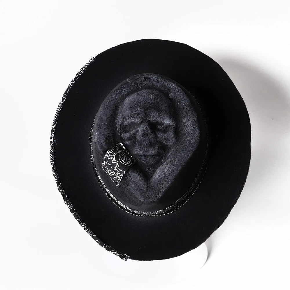 Handmade wool felt skull hat with conical crown design in skull colour for Halloween costume accessory