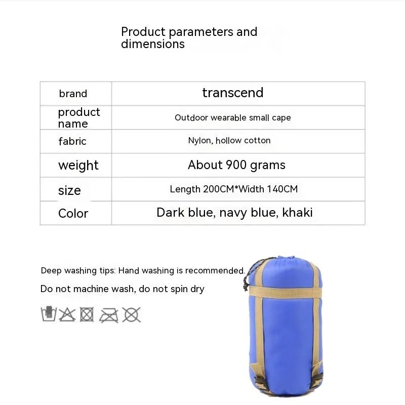Outdoor cloak sleeping bag shown as wearable cape and flat 200x140cm blanket in army green