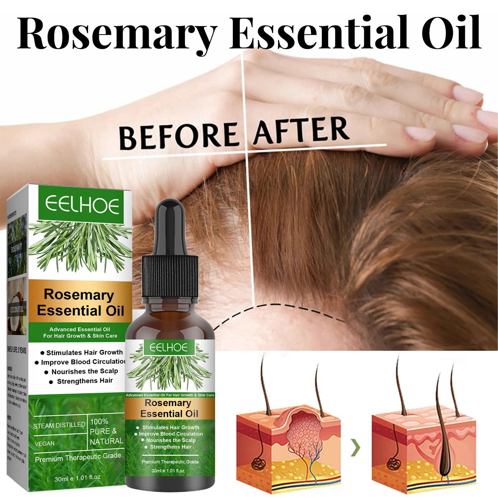 Rosemary Anti-Breakage Nourishing Hair Care Oil 30ml box with rosemary and coconut oil ingredients