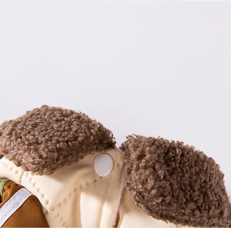 Warm thick quilted cotton dog coat with fleece-lined collar and pockets, cute dog embroidery, and leash ring in green