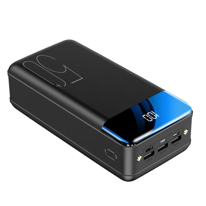 50000mAh power bank with three USB ports in black or white plastic casing