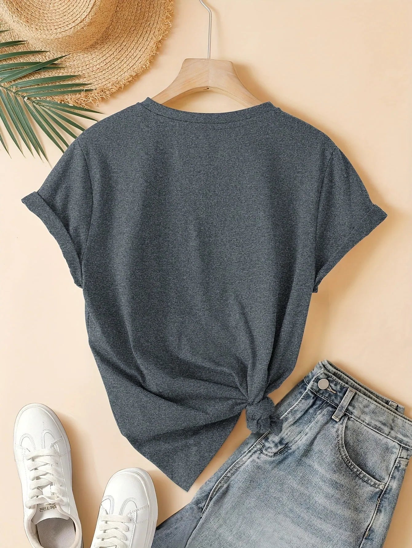 Women's pure cotton short sleeve t-shirt with Chinese art retro printing in dark grey colour