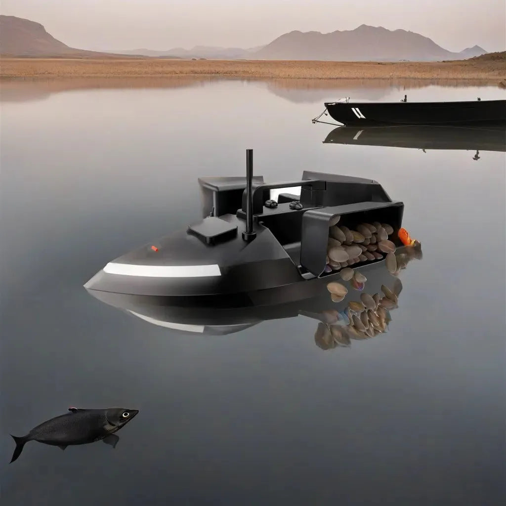 Black remote control GPS fishing boat with LED light on deck, shown with remote control.