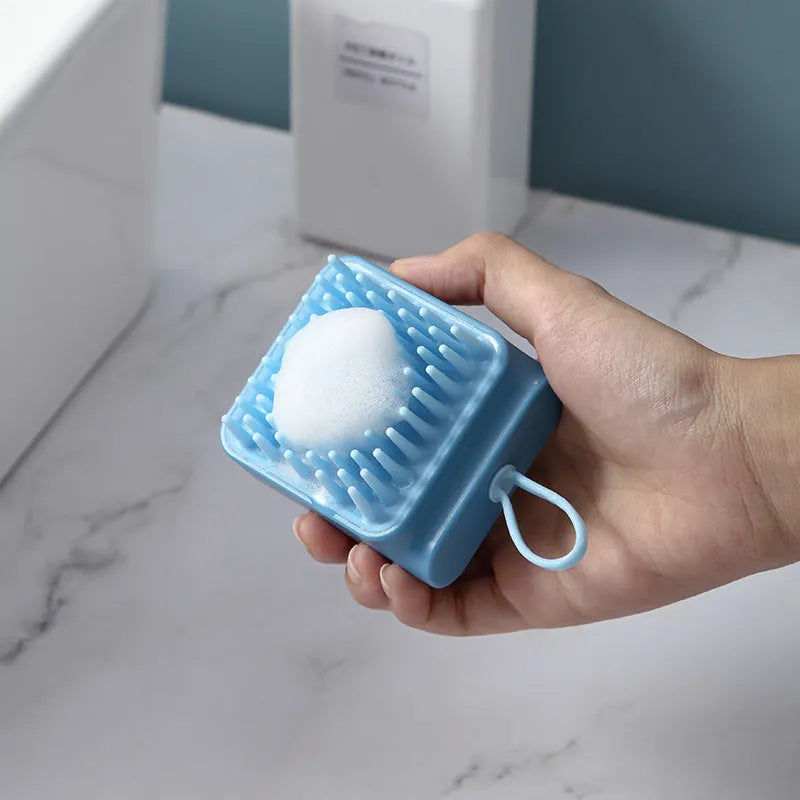 Pet dog cat bath brush with soft TPR prongs in blue colour, ergonomic design for wet and dry grooming