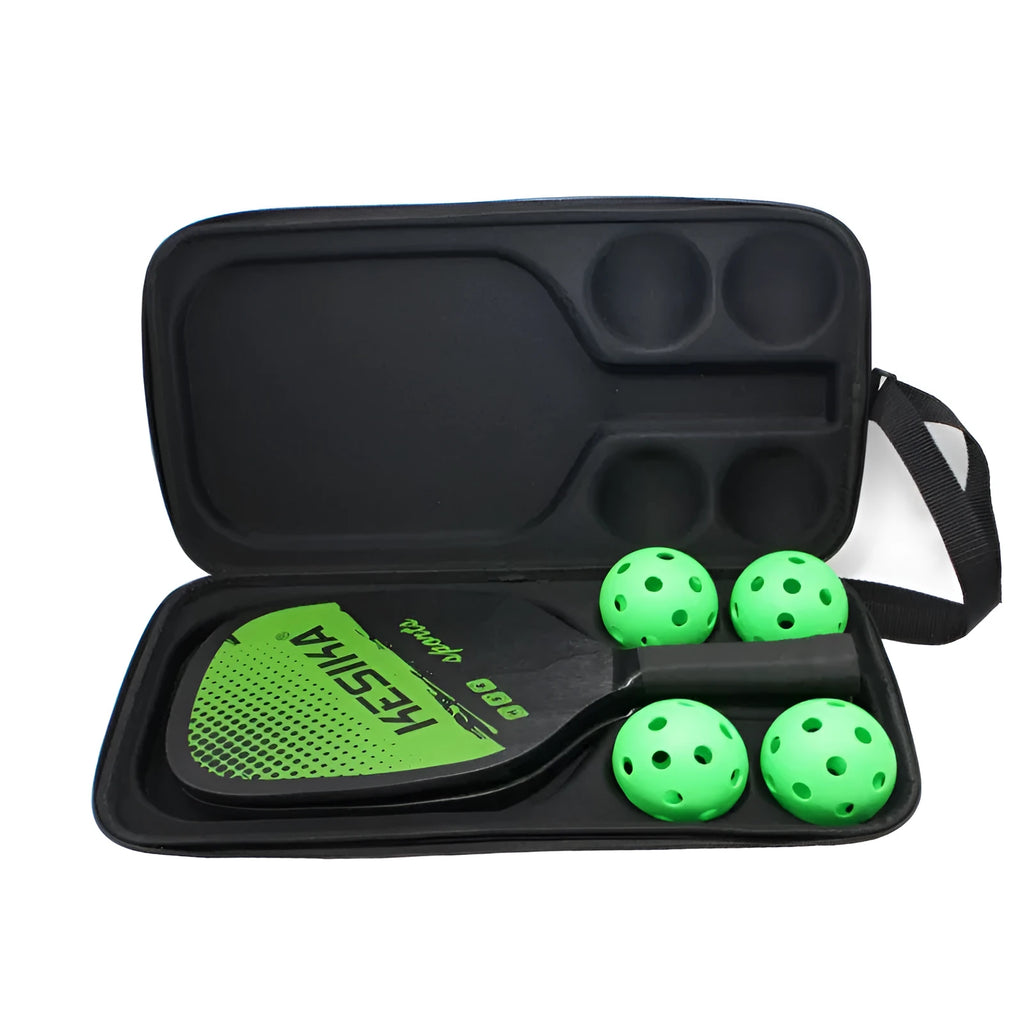 Black pickleball shoulder storage bag with double straps showing one paddle and four balls inside.