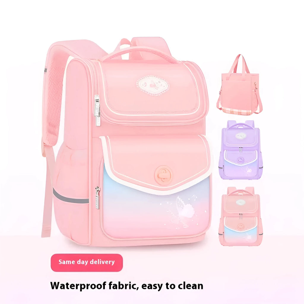 Pink waterproof Oxford cloth girls school bag for primary school students with large capacity.