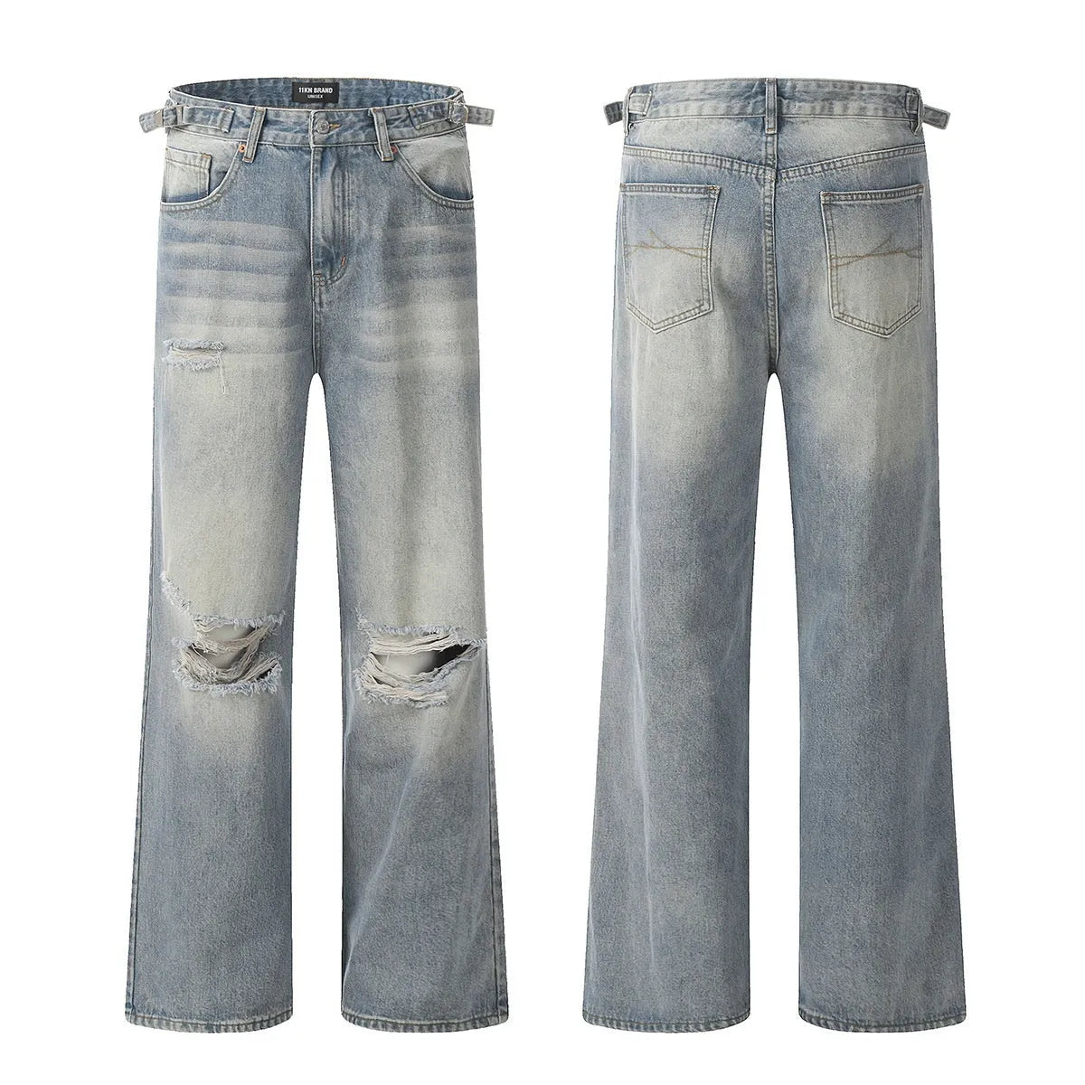 Blue men's straight-leg jeans with vintage rip detailing and zipper fly closure