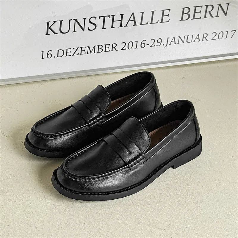 Men's unisex slip-on retro business casual shoes in black, beige, apricot, and brown microfiber with rubber sole