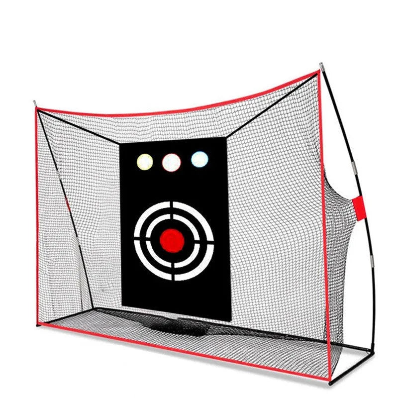 Golf swing wedge training net with 3-hole cross net and straw mat practice area