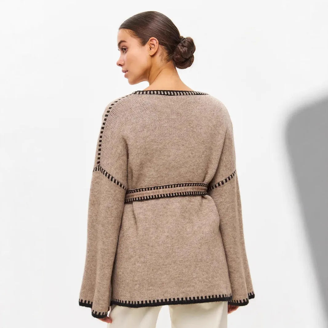 Lace-up front knitted cardigan sweater coat in imitation cashmere cotton fabric
