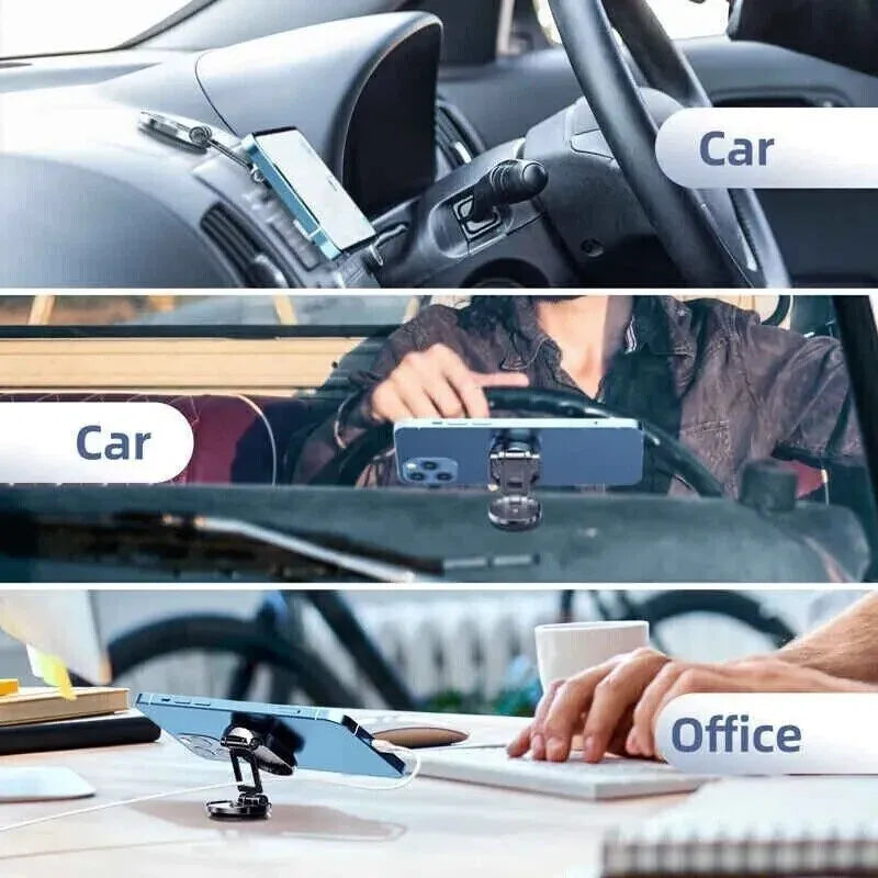 Chrome magnetic car phone holder with 360-degree rotation on dashboard