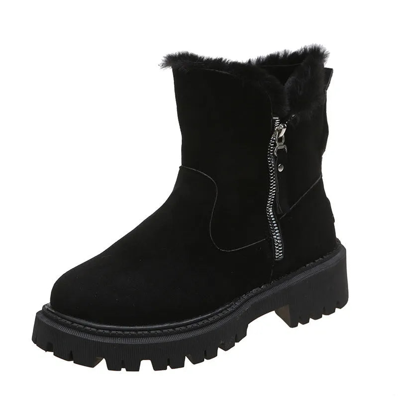 Women's black thick plush high-top snow boot with side zip and non-slip rubber sole.