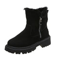 Women's black thick plush high-top snow boot with side zip and non-slip rubber sole.