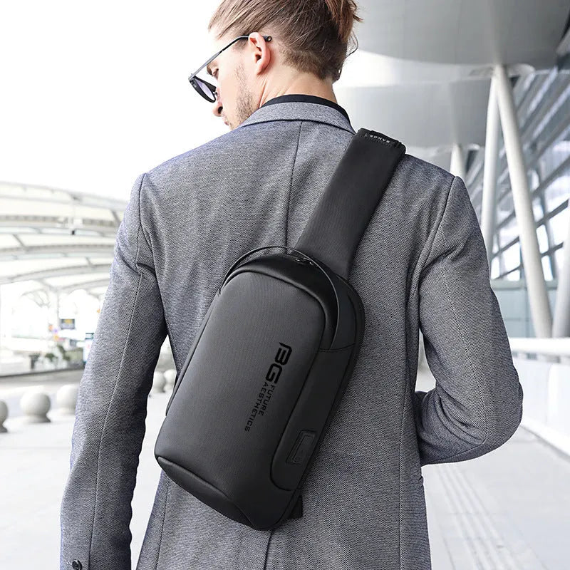 Men's blue shoulder bag with USB charging port and letter design on wear-resistant Oxford cloth