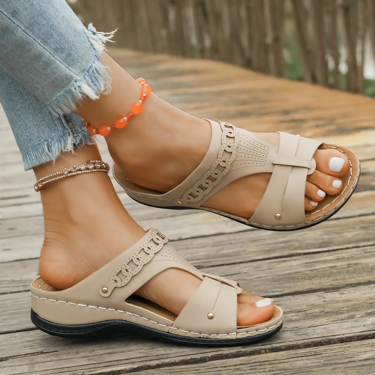 Roman style slippers with slope heel in six colour options showing fish mouth toe holder design