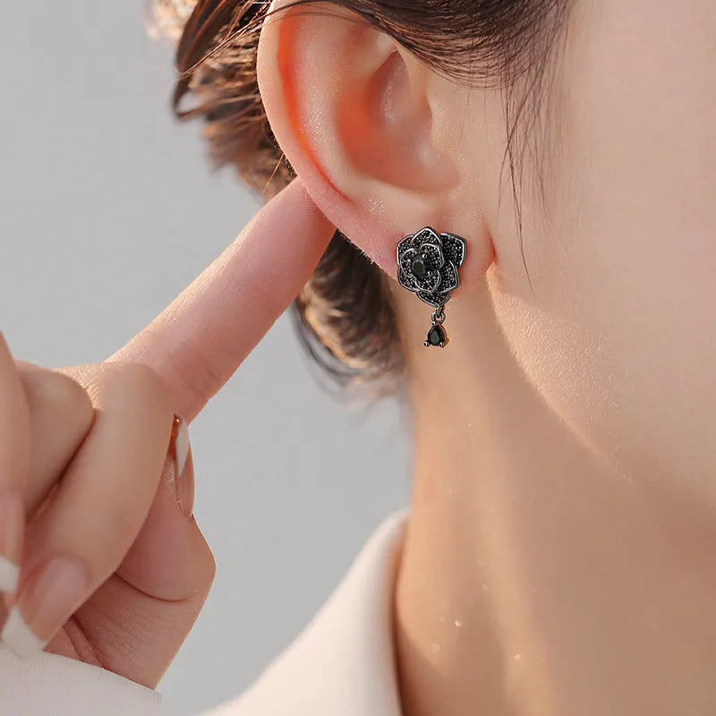 18K black rose zircon flower stud earrings for women, copper electroplated with cubic zirconia