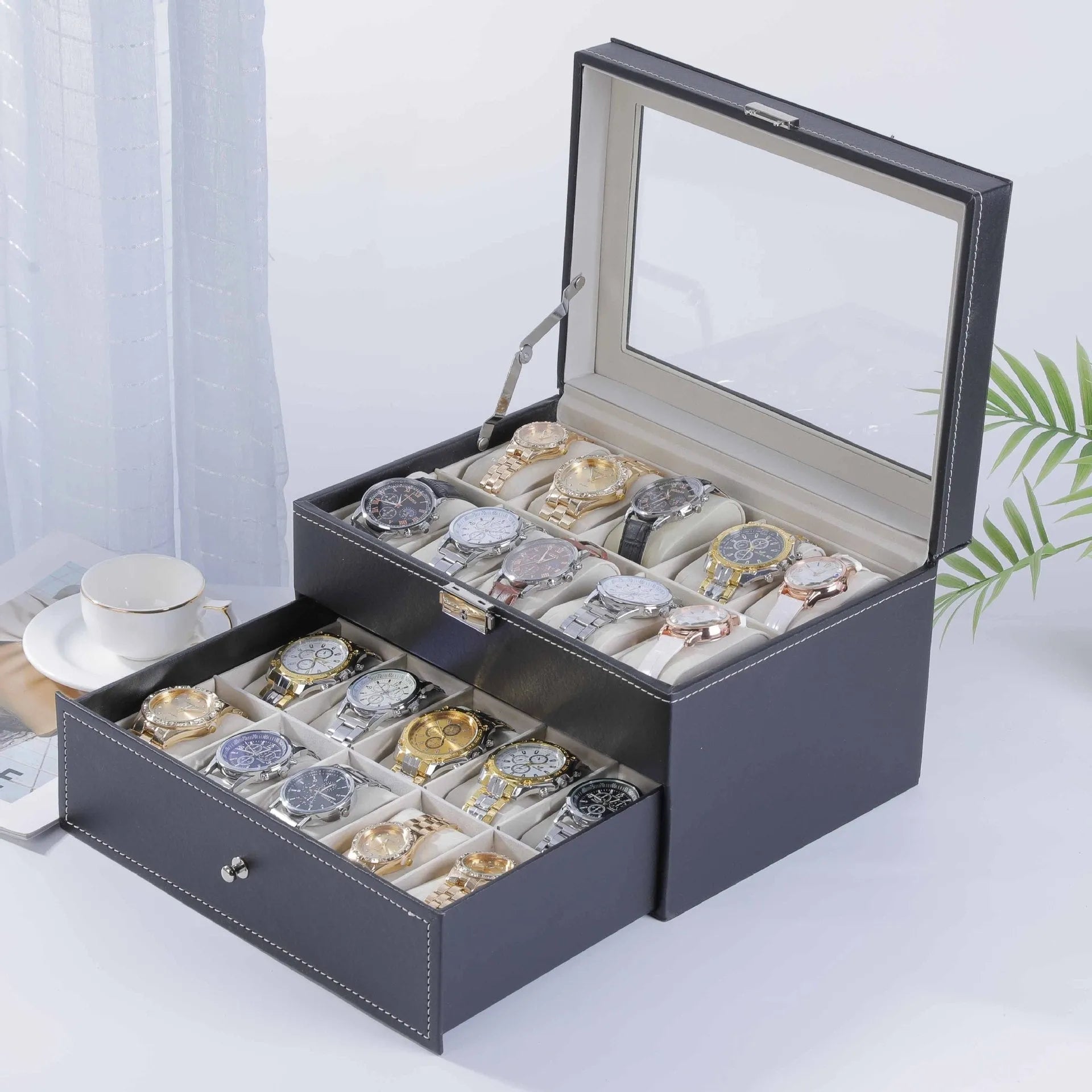 Grey high-grade leather watch storage box with dustproof see-through lid, 10-bit capacity