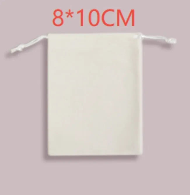 White drawstring storage bag 8x10cm fabric pouch on white background