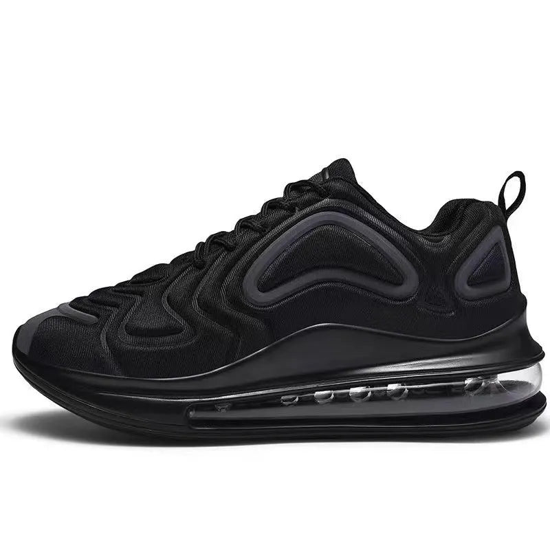 Men's black casual air cushion sneakers with thick sole and lace-up front.
