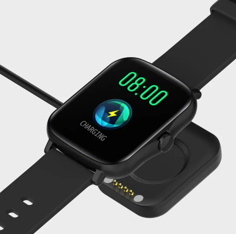 Black smart watch with a 1.7-inch colour touch screen on an adjustable strap, showing a fitness tracking interface.