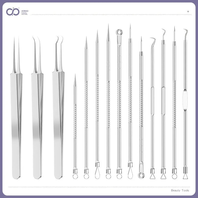 Four-piece stainless steel acne needle set with ultra-fine pointed tips and extraction clip on silver background