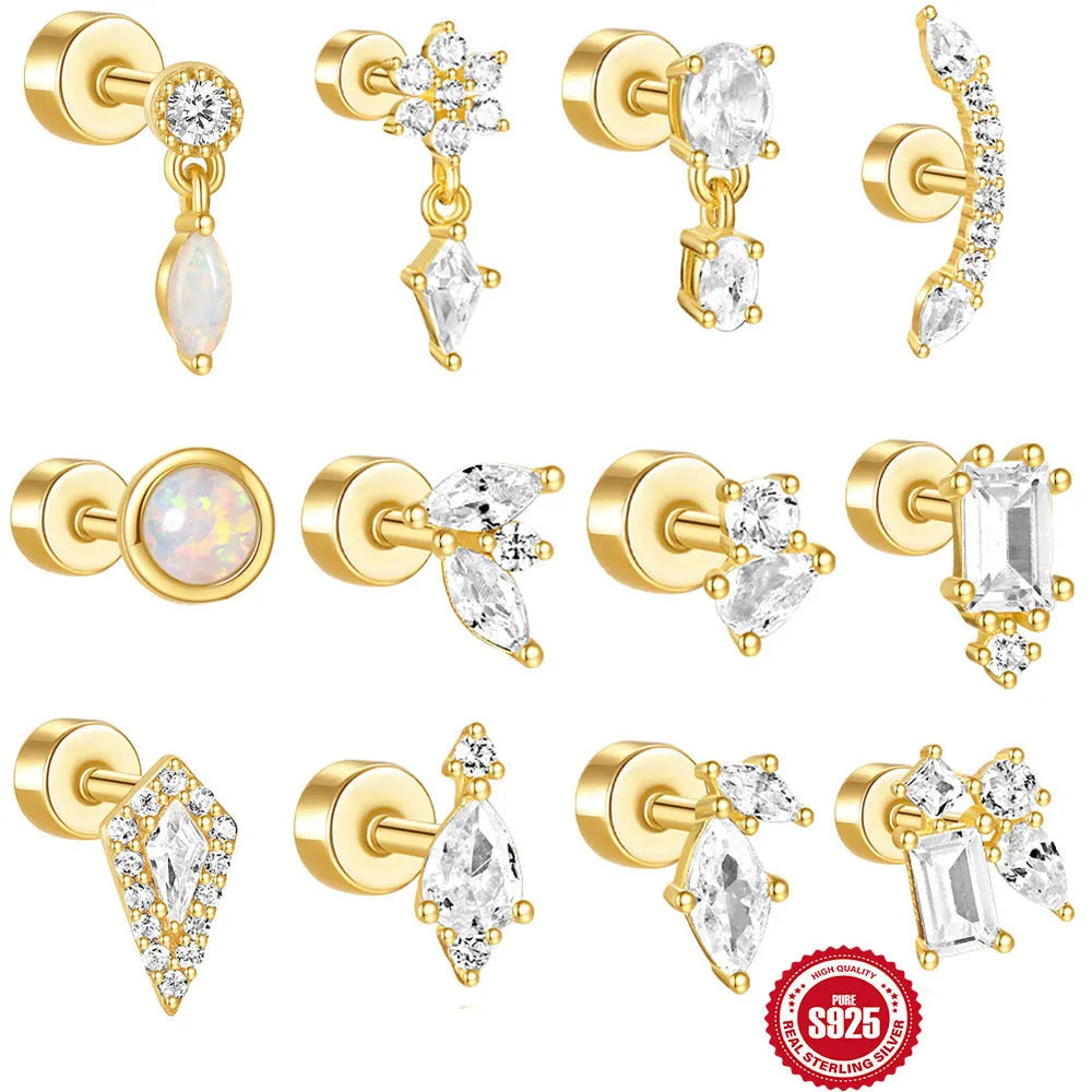 S925 sterling silver flat column threaded ear bone studs in gold electroplated finish